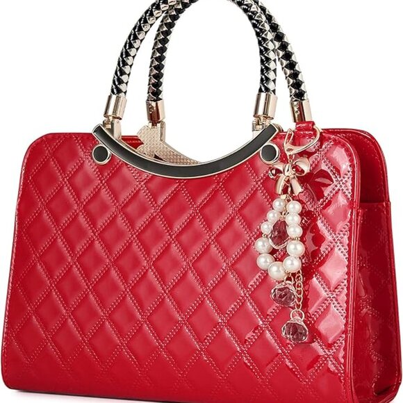 Neiman Marcus Shiny Faux Leather Red Diamond Pattern Top Handle Purse - Picture 4 of 4